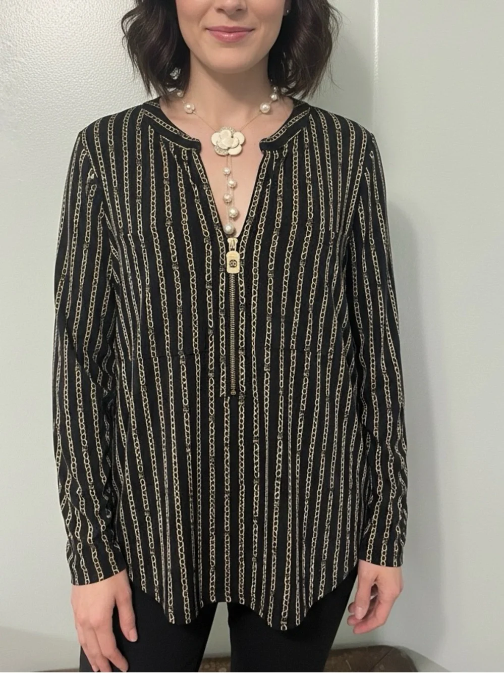 Michael Kors Black Long-Sleeve Tunic with Gold Chain Stripe XXL